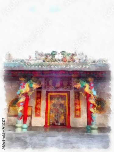 landscape of ancient chinese shrine building watercolor style illustration impressionist painting.