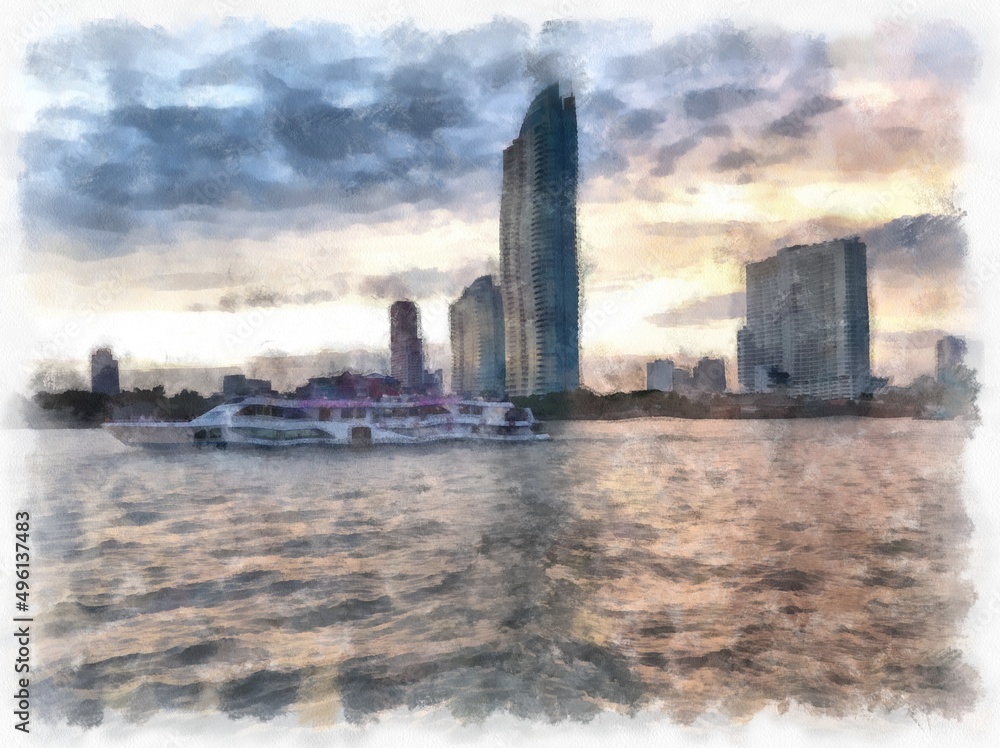 landscape of the Chao Phraya River, Bangkok Thailand watercolor style illustration impressionist painting.