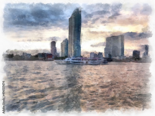 landscape of the Chao Phraya River, Bangkok Thailand watercolor style illustration impressionist painting. © Kittipong