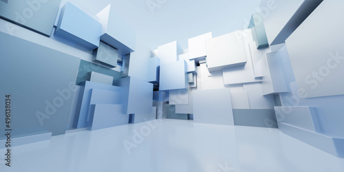 blue and white metal cubes abstract geometric shape building exterior 3d render illustratio