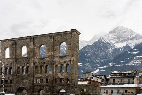 Roman arena in the city center of aosta during winter time