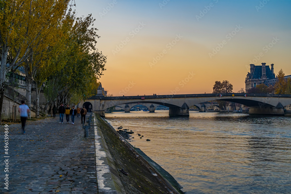 Blue Hour in Paris From the Seine Docks Historic Bridge and Monuments