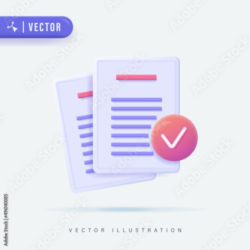 3D Realistic Document Icon in  Isolated Background Vector Illustration. Stack of Paper Sheets. Confirmed or Approved Document. Business icon. Contract Paper Icon. Assignment Concept.