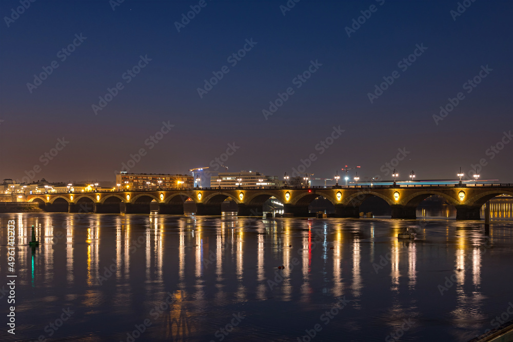 Stone Bridge With Tramway at Night From Bourse Place at Bordeaux
