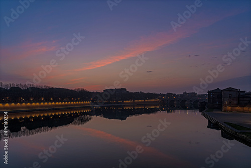 Toulouse Center at Twilight Sunrise From Garonne River Docks Historic Buildings