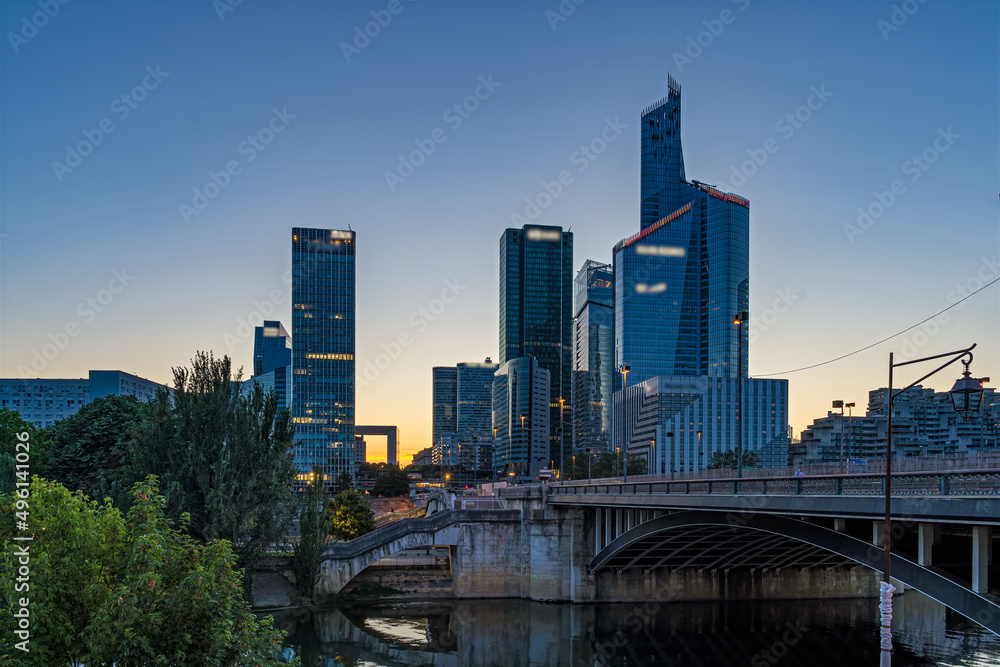 Golden Hour Over La Defense Business District Skyline With Seine River and Bridge