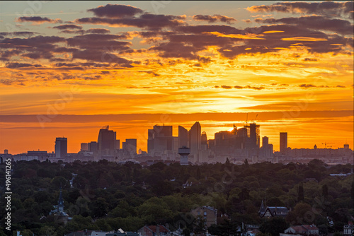 Colorful and Cloudy Sunrise Over La Defense Business District Towers Archtitecture