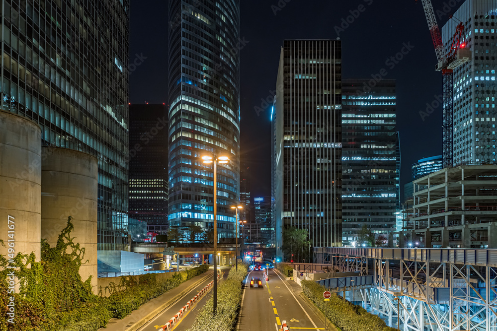 Traffic Moving to La Defense Business District at Night Towers Offices