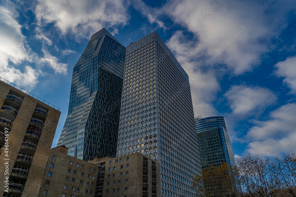 From Ground to the Sky at La Defense Business District Paris With Cloudy Sky