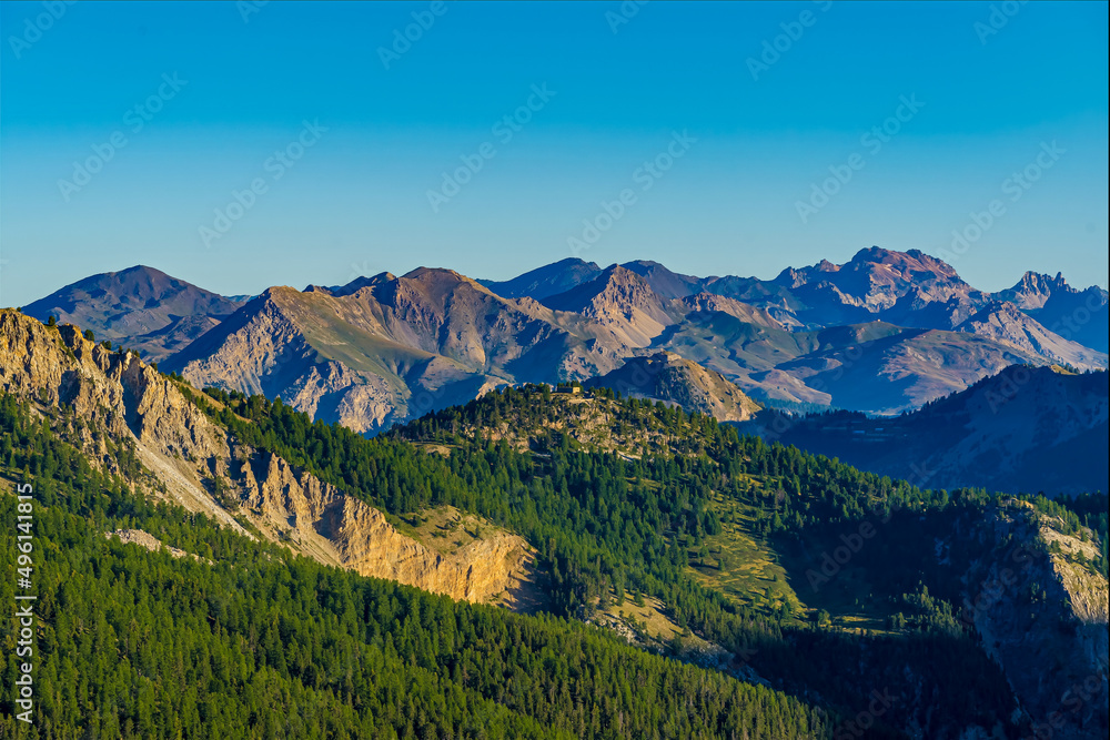 French Alps Mountains and Valley With Sunrise Light Trees and Firs