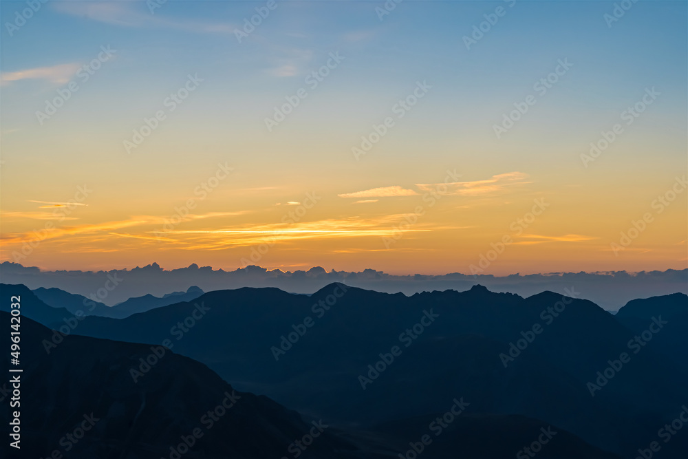 Colorful Sunrise Over French Alps Mountains Peaks Skyline Landscape