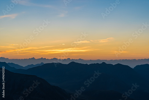 Colorful Sunrise Over French Alps Mountains Peaks Skyline Landscape