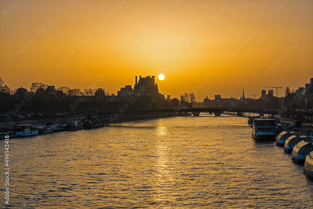 Colorful Sunrise in Paris Over Famous Monuments and Seine River