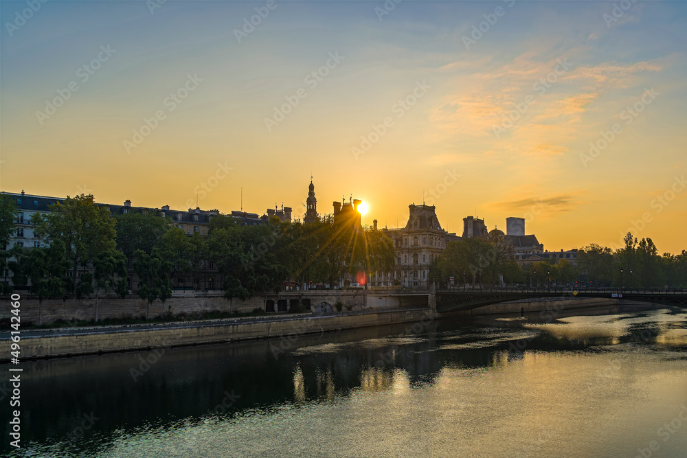 Colorful Sunrise Over City Hall in Paris With Seine River