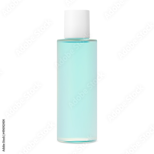 Micellar water, face toner bottle. Blue cosmetic container for advertising, vector illustration. Aqua tonic tube, luxury lotion template with plastic cap for moisture and hygiene. Beauty cream