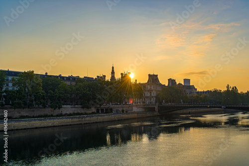 Colorful Sunrise Over City Hall in Paris With Seine River