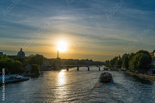 Summer Sunset Over Paris Historical Center Famous Monuments Seine River and Boats Bridges