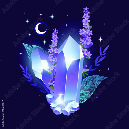 Beautiful violet crystals drawing. Hand drawn magical vector illustration of crystal gem.