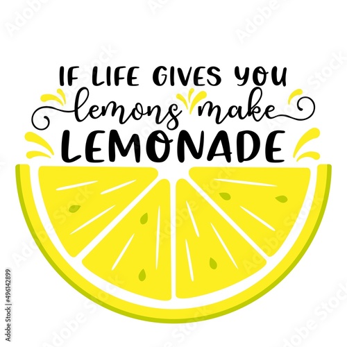 Vector illustration with quote If life gives you lemons make Lemonade and half slice of lemon on white background. Summer exotic fresh drink. Home made Lemonade, poster, template.