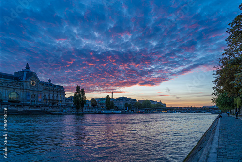 Red Clouds Over Paris at Sunset With Seine River and Eiffel Tower