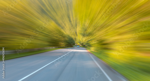 A car moving on an asphalt road among trees