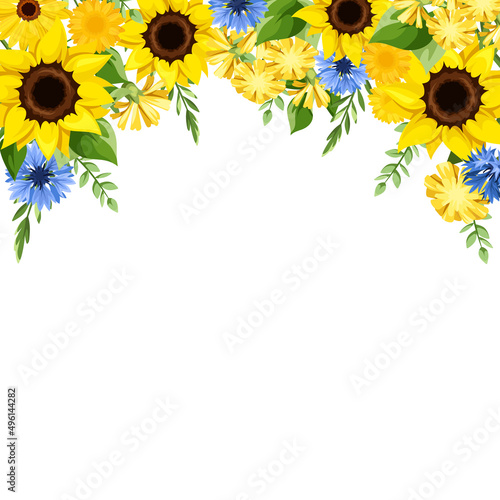 Greeting or invitation card design with blue and yellow sunflowers, cornflowers, dandelion flowers, gerbera flowers, and green leaves. Vector floral background