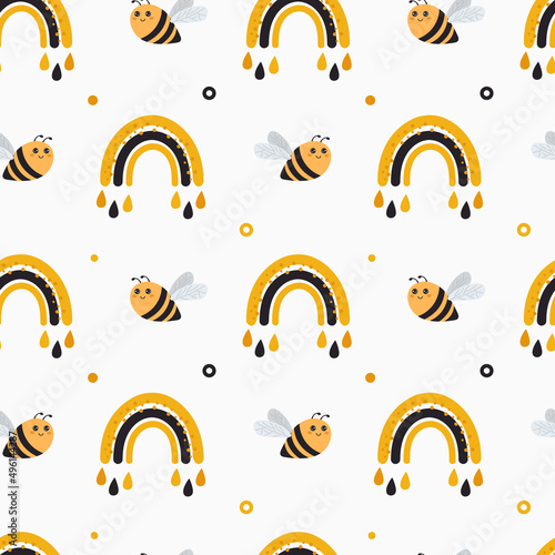 Seamless vector pattern with bee and rainbows. Baby background for wrapping paper,  greeting cards, design.