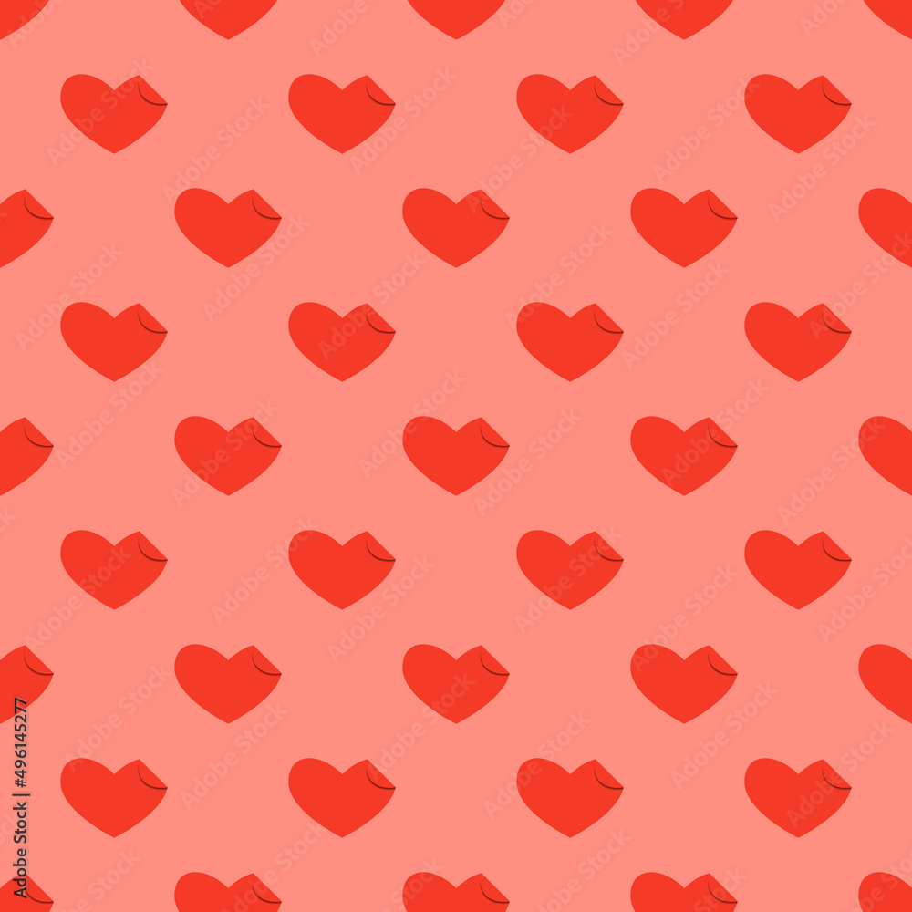 Art seamless pattern in the form of a red heart with a curved corner on color background. Romance graphic texture. Holiday celebration concept. Decorative print. Geometric bright wallpaper