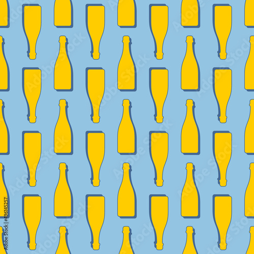 Champagne bottles seamless pattern. Line art style. Colored repeat template. Party drinks concept. Illustration on color background. Flat design style for any purposes