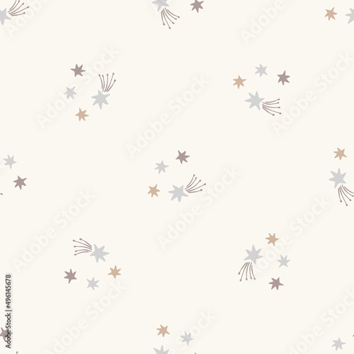 Calm newborn minimal star seamless pattern. Gender neutral baby nursery decor background. Scandi style sketch wallpaper background tile or toddler inclusive apparel fashion.