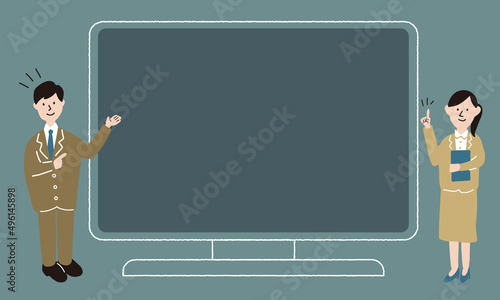 パソコンで案内・紹介する男女のビジネスマンイラストフレーム