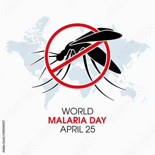 World Malaria Day vector. Mosquito and world map silhouette icon vector. Gnat mosquito ban icon. Stop malaria symbol vector. April 25. Important day
