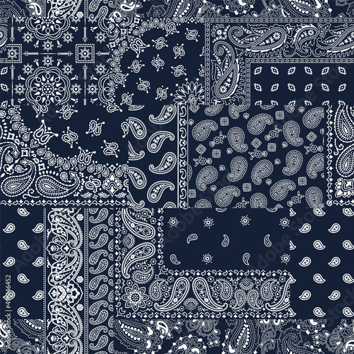 Blue bandana kerchief paisley fabric patchwork abstract vector seamless pattern  photo