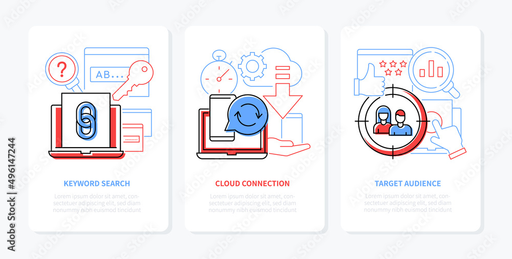 Work in the Internet - line design style banners set Work in the Internet - line design style banners set