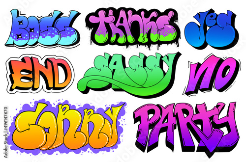 Collection of abstract street graffiti elements. Vibrant vandalism on the walls of spray paint, street art with splashes and drips. Isolated on white background