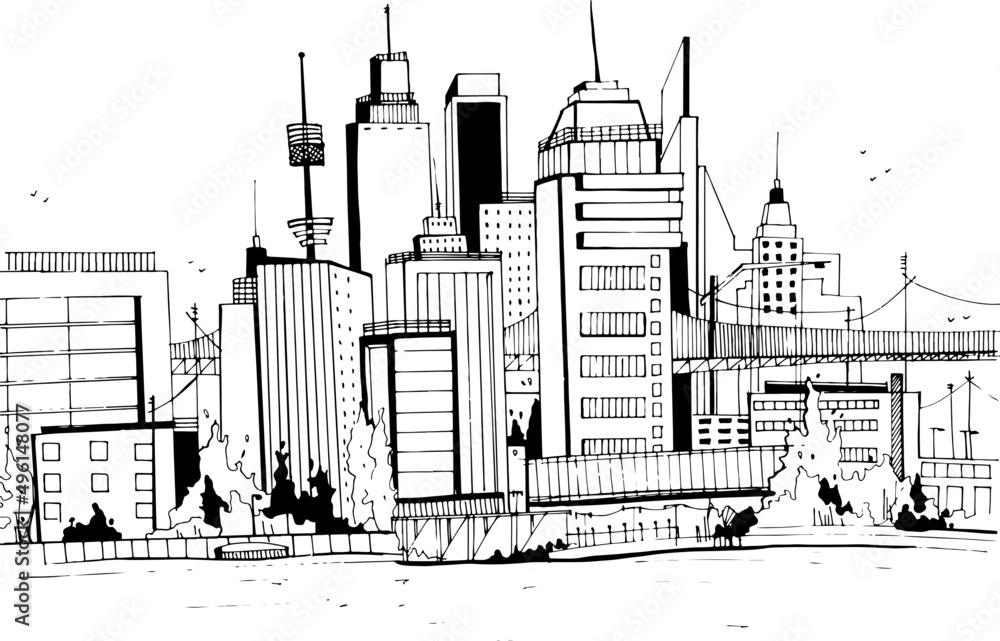 Megalopolis City Landscape Hand Drawn Sketch Illustration