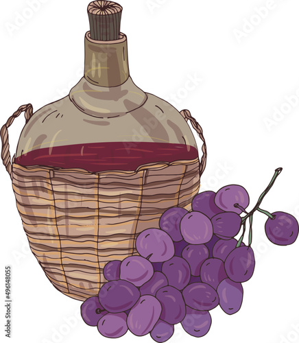 National Georgian Red Wine and Bunch of Grapes Hand Drawn Illustration