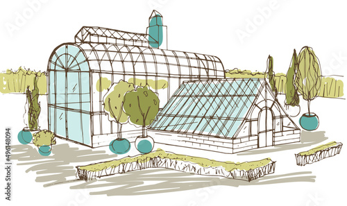 Orangery or Botanical Garden Hand Drawn Illustration