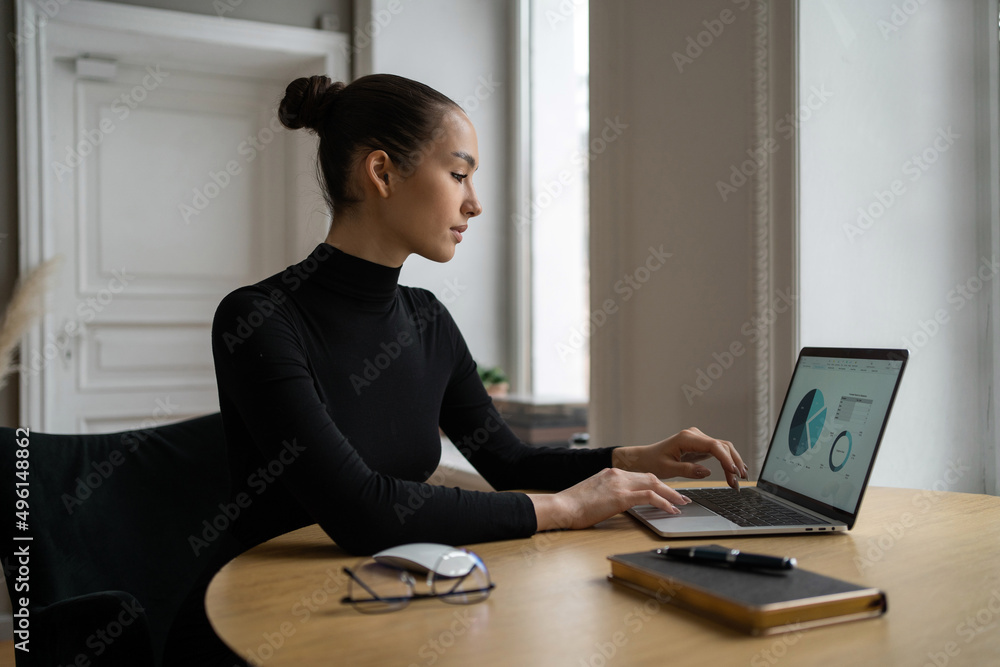 The manager is a woman working in an office using a laptop computer online project report The manager is a woman working in an office using a laptop computer online project report