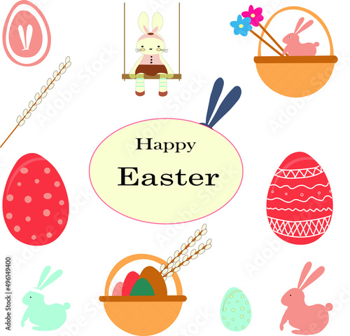 Easter set. Ukrainian Easter 2022. Rabbits, flowers, Easter eggs and willow cats , hare on a swing, a basket of Easter eggs