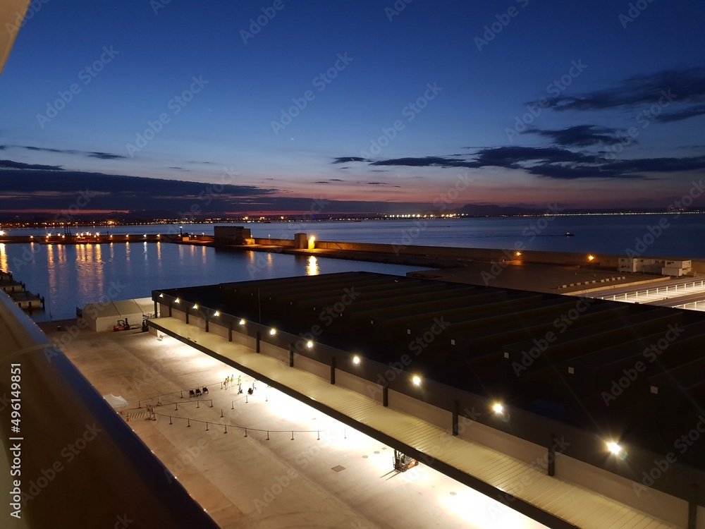 View of the terminal building, pier and the bay of Palma, Mallorca, Balearic Islands, Spain at night