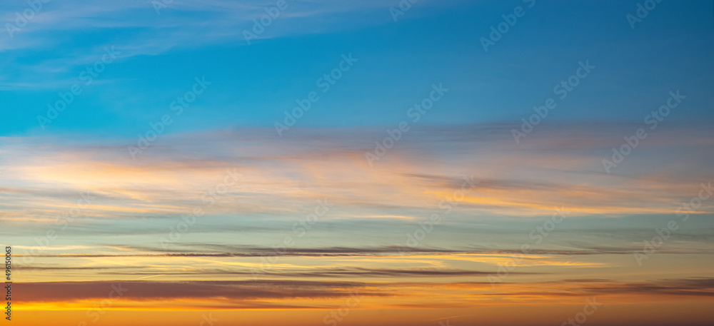 Scenic landscape of sunset sky above sea.