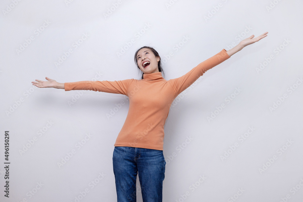 Asian Woman Spread Out Her Arm with Happiness