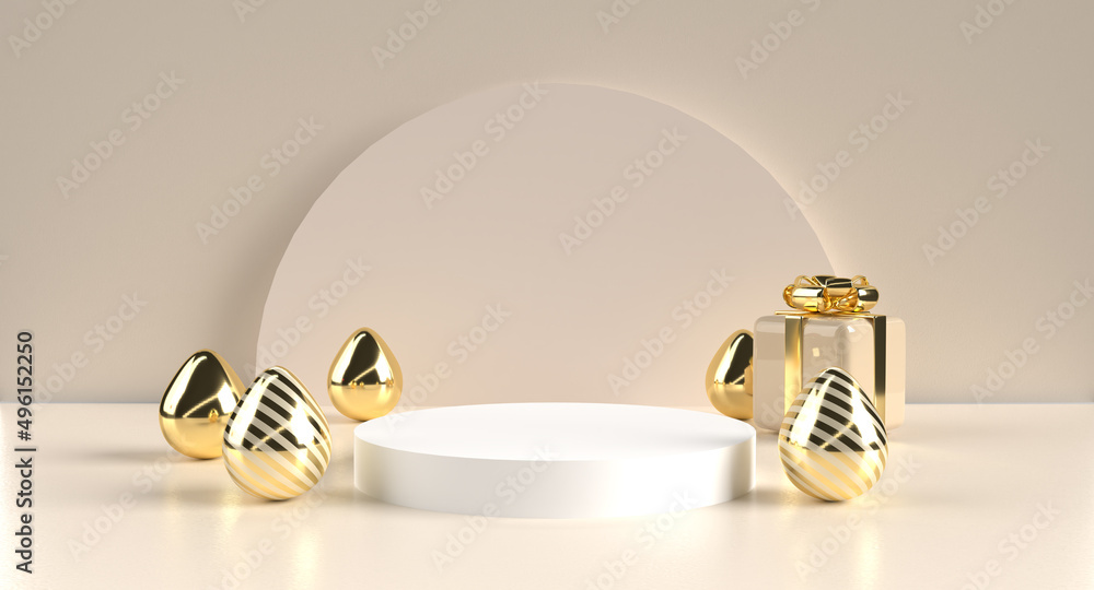 3D Render Easter product display stage for presentation illustration. Gold and ivory color theme