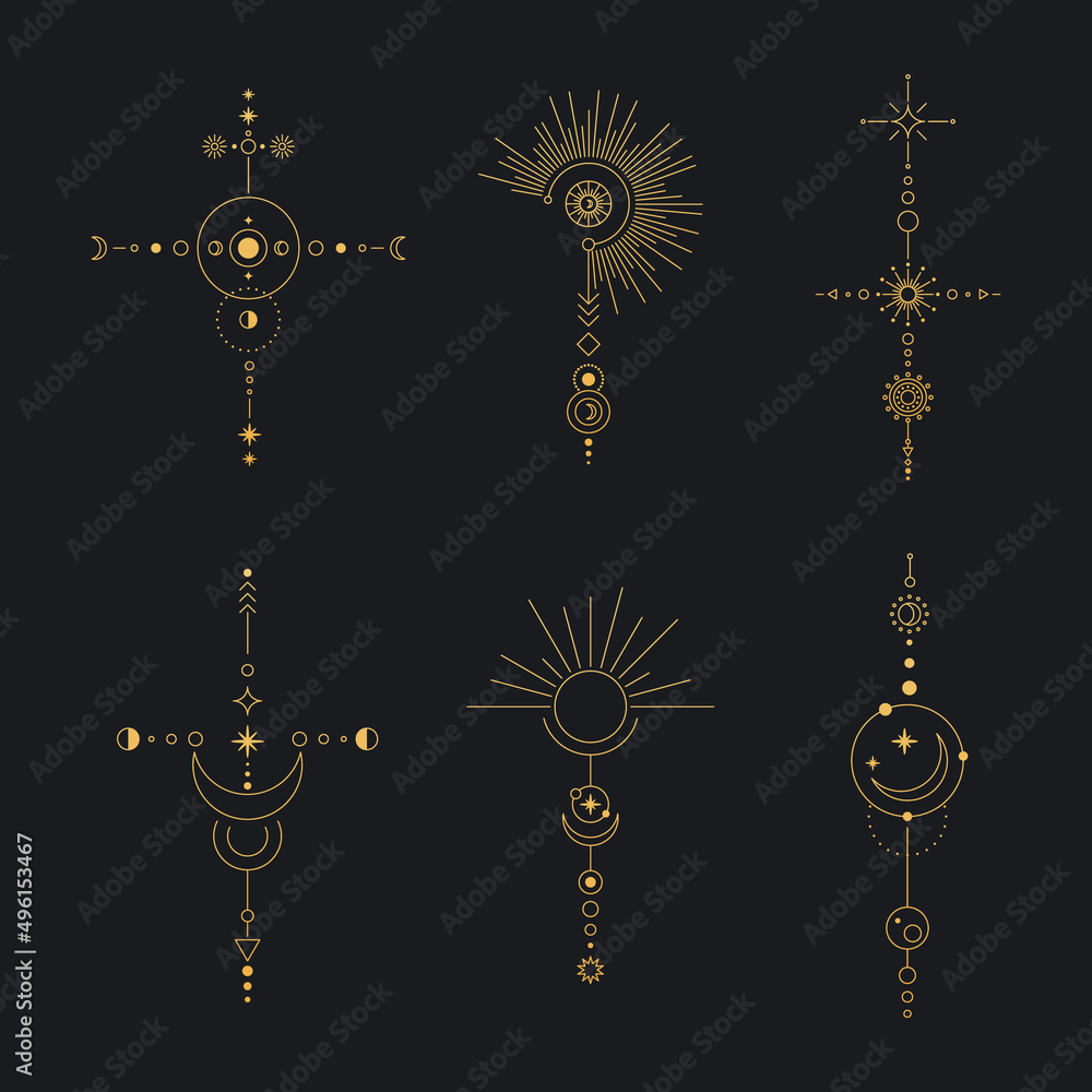 Set of moon and sun line art. Minimal boho linear symbols. Celestial mystic element. Vector line art illustration. Set of moon and sun line art. Minimal boho linear symbols. Celestial mystic element. Vector line art illustration.
