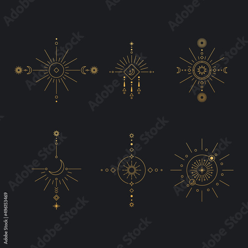 Set of moon and sun line art. Minimal boho linear symbols. Celestial mystic element. Vector line art illustration.