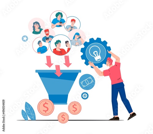 Sale funnel and leads generation. Digital marketing concept with funnel lead generations and attracting buyers. Conversion rate and sale optimization, flat vector illustration isolated on background.