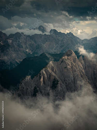 Mountain layers with clouds in sky in the Dolomite Alps in South Tyrol, Italy.