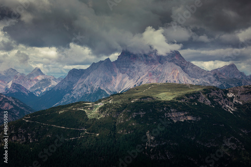 Rifugio Angelo-Bosi at Monte Piana with mountains of the Dolomite Alps and clouds in the sky, South Tyrol Italy.