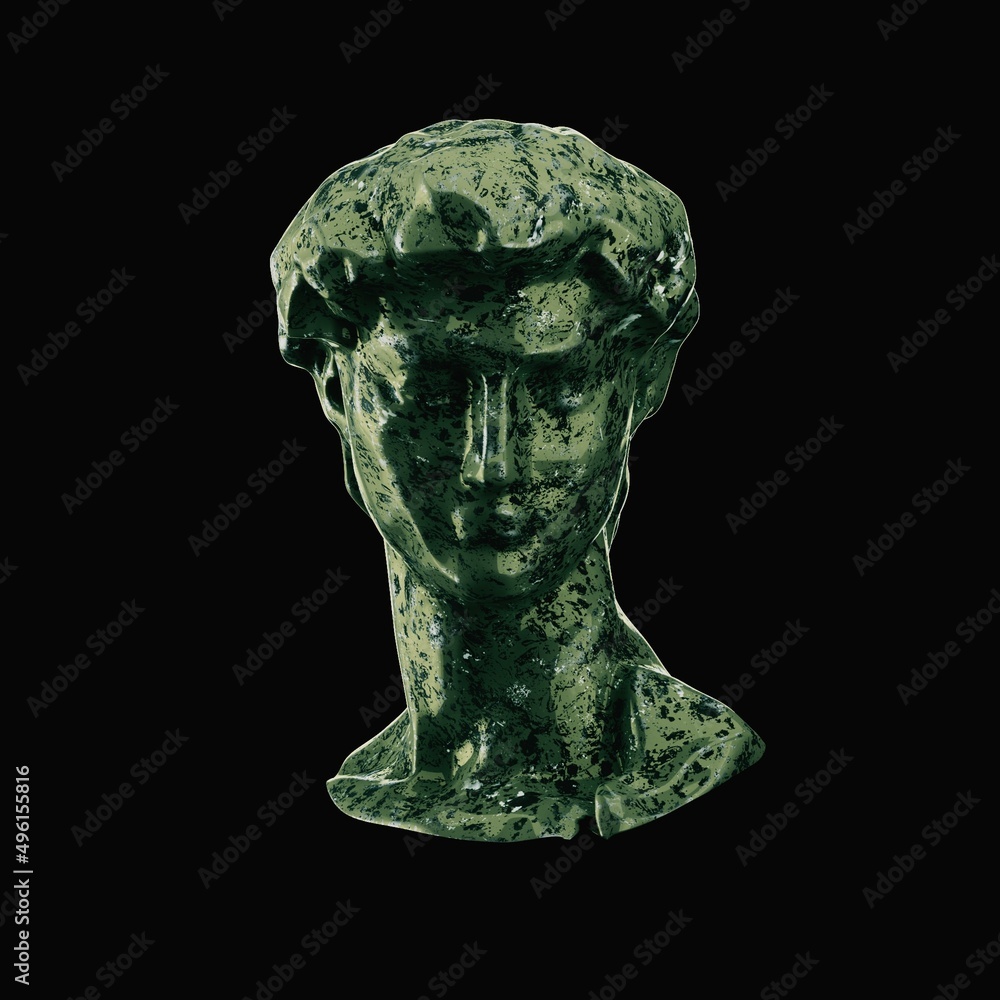 Dark 3d rendering David sculpture head statue classic green background shiny Metallic military texture creative minimal glossy concept art isolated modern copy space text fashion product Dark 3d rendering David sculpture head statue classic green background shiny Metallic military texture creative minimal glossy concept art isolated modern copy space text fashion product